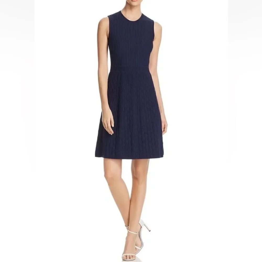 Tory Burch L LIAM Navy Knit Fit-and-Flare Textured Sleeves Dress